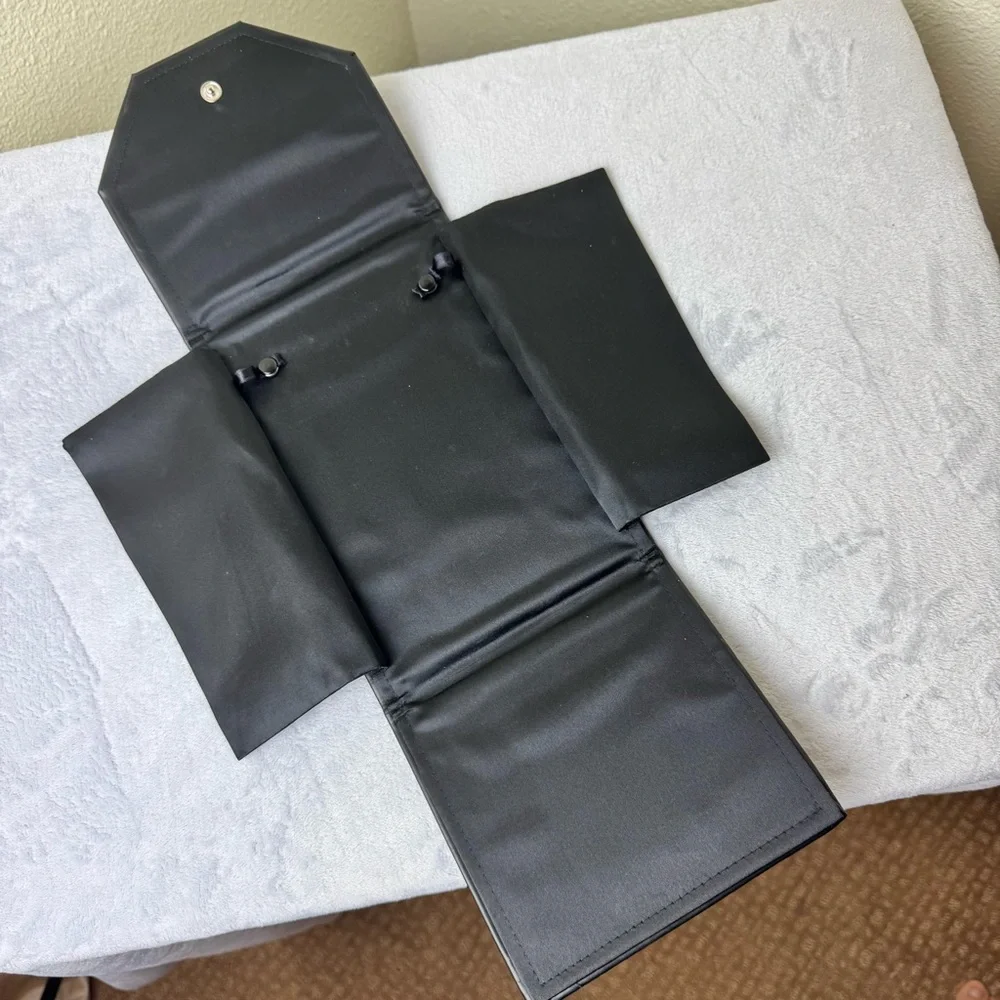 Folding Black Faux Leather Jewelry Storage Folding Case Satin Interior